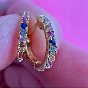 Gold & Multi-color Stone Small Cuff Huggies Hoop Earrings